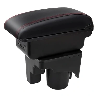 Abbildung von Auto Armlehnen für Golf 6 Mk6 2008 2013 Jetta Mk5 2006 2011 Vento Wagon 2009 2010 Doppelschicht Mittelkonsole Große Aufbewahrungsbox mit 3 USB Ladeanschluss Schwarz roten Nähten