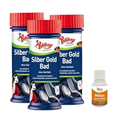 Abbildung von poliboy 99A4201, Silber Gold Bad 3x375 ml mit Leder Probe Schmuckreiniger (verleiht neuen Hochglanz und reinigt selbstständig Made in Germany)