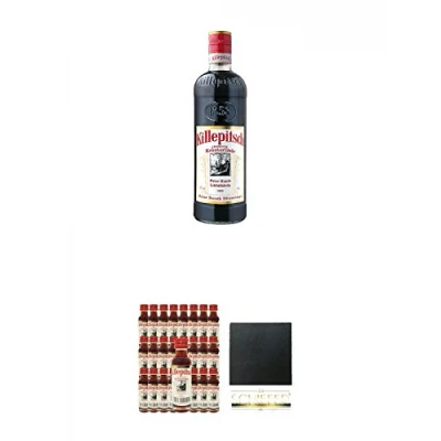 Abbildung von Killepitsch Kräuterlikör 0,7 Liter + 25 x 2 cl Schiefer Glasuntersetzer eckig ca. 9,5 cm Durchmesser