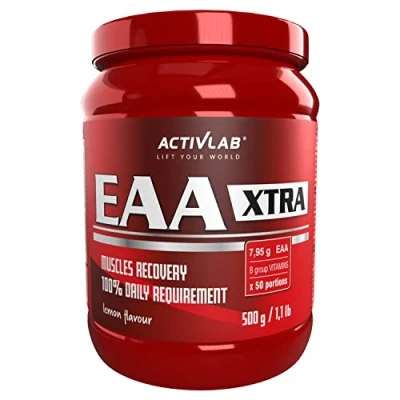 Abbildung von Activlab EAA XTRA 500g Zitrone 7,95g EAA, 100% Tagesbedarf, 50 Portionen, Muskelregeneration, Pulver Alle 8 essentiellen exogenen Aminosäuren, Vitamine der B Gruppe, Trainingsgetränk, Messbecher