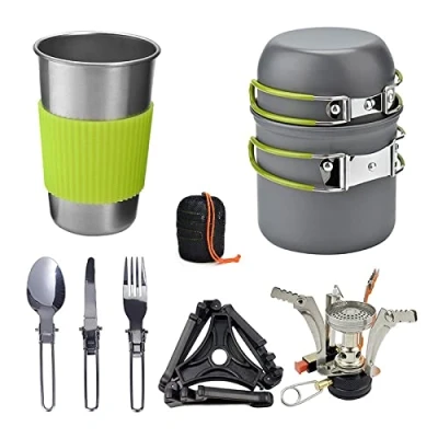Abbildung von Defactoshop Campinglöffel Camping Geschirr Set 9 teiliges kochtopf inkl. Töpfe, Aluminium