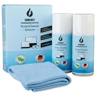 Abbildung von SUNCAST Schaum 2 x 150ml Screen Cleaner Set inkl. Mikrofasertuch Premiumpflege vom Profi streifenfreier und rückstandsfreier Bildschirmreiniger Handy, Laptop, PC, Tablet, Display, Brille