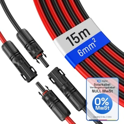 Abbildung von HB DIGITAL 2x 15m 6mm² Solarkabel Verlängerungskabel Kabelpaar für Photovoltaik Anlagen H1Z2Z2 K mit 1500V Stecker IP68 inkl. 0% MwSt. gem. § 12 Abs. 3 UStG Rot &amp; Schwarz