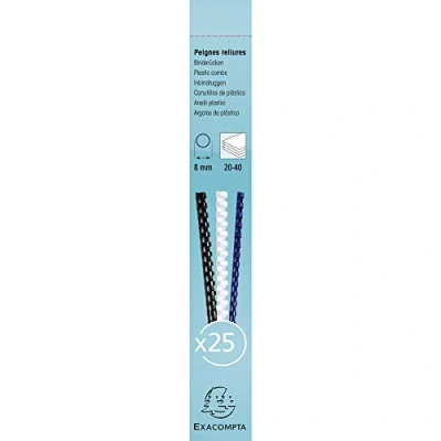 Abbildung von Exacompta Ref. 76200E Bindekämme, 8 mm dick, 21 Ringe, geeignet für A4 Dokumente, hält ca. 20 40 Blatt, aus PVC Material, Weiß, 25 Stück