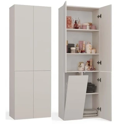 Abbildung von BDW Badezimmerschrank, Wäschekorb, 4 Türen 174 x 60 30cm Unterschrank, Waschbeckenunterschrank, Hochschrank, Badmöbel, Bad Badregal (Kaschmir)