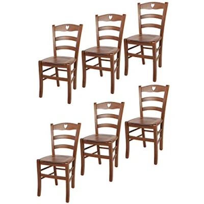 Abbildung von t m c s Tommychairs 6er Set Stühle Cuore für Küche und Esszimmer, Robuste Struktur aus Buchenholz in der Farbe Helles Nussbraun lackiert Sitzfläche Holz
