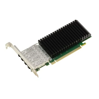 Abbildung von KALEA INFORMATIQUE PCIe Netzwerk Controller Karte LAN Ethernet 4 Ports 10G SFP+ und 25G SFP28 Glasfaser mit Intel E810 Chipsatz.