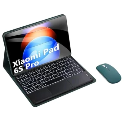 Abbildung von HLTOOP Tastatur Hülle für Xiaomi Pad 6S Pro (2024) 12,4 Zoll, QWERTZ Deutsch, 7 farbige Bluetooth mit Hintergrundbeleuchtung und Touchpad, Weiche TPU Rückseite, Maus,Deep Green