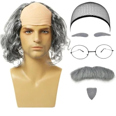 Abbildung von UILYNIU 7 Stück Glatzen Perücken Set Herren Kostüm Perücke Opa Männerperücke mit Glatze Bart Augenbrauen Perückenkappe Brille Zubehör für Party Cosplay Halloween (Grau Lockig)