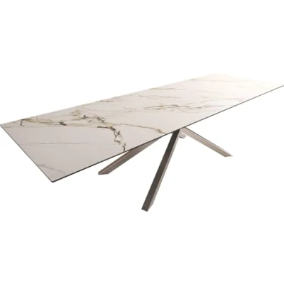 Abbildung von Esstisch Edge 300x100 Keramik Calacatta Luxe Weiß Gold Grau Kreuzgestell Rechteck Edelstahl
