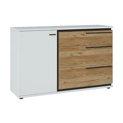 Abbildung von Wohnzimmer Sideboard 133 cm in weiß mit Eiche Nb., Anrichte, Kommode, Aufbewahrungsschrank, modern B/H/T ca. 133/85/40