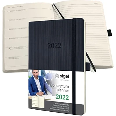 Abbildung von SIGEL C2224 Terminplaner Wochennotiz Kalender 2022 ca. A5 schwarz Softcover 192 Seiten Gummiband, Stiftschlaufe, Archivtasche PEFC zertifiziert Conceptum