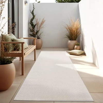 Abbildung von Paco Home Outdoor Teppich Wetterfest Wohnzimmer Balkon Küchenteppich Flachgewebe Sisaloptik Meliert Einfarbig, Grösse:80x150 cm, Farbe:Elfenbein