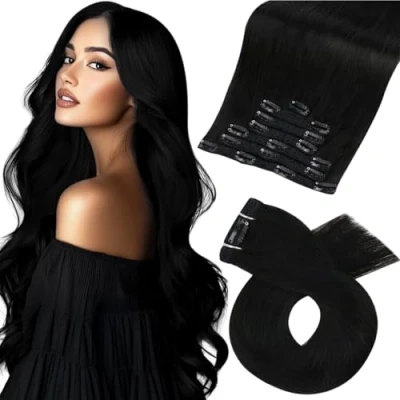 Abbildung von Moresoo Clip in Extensions Echthaar Schwarz Lang Haarextension Clips 100% Remy für Haarverlängerung Haarteile Doppelt Tressen Natürliches #1B 120g 55cm 7pcs