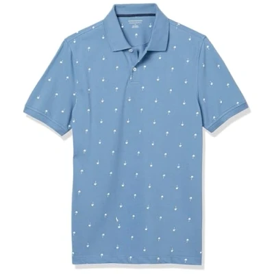 Abbildung von Amazon Essentials Herren Piqué Poloshirt aus Baumwolle, Schmale Passform, Blau Palmenaufdruck, S