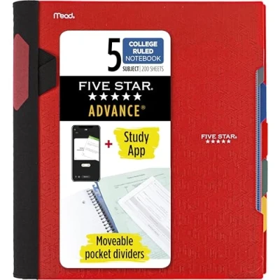 Abbildung von Five Star modernes Spiralen Notizbuch, 5 Fächer, mittelbreites, liniertes Papier, 2 Blatt, Farbe wird variieren (6326) 1 Packung rot