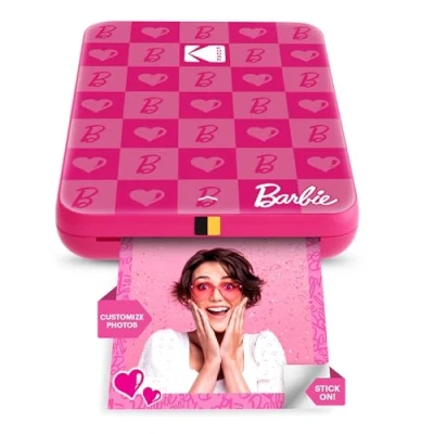 Abbildung von Barbie x Kodak Step Slim Wireless Sofort tragbarer Fotodrucker Vollfarbige Drucke in Zink 2x3 Aufkleber Rückseitenfotos von iOS und Android Geräten über Bluetooth der App Ikonischer Stil