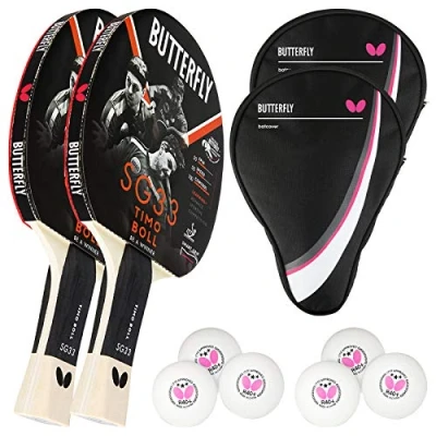 Abbildung von Butterfly 2x Timo Boll SG33 Tischtennisschläger + Hülle 6x TT Bälle