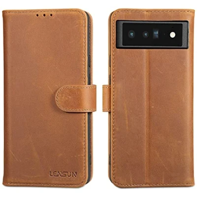 Abbildung von LENSUN Echtleder Hülle für Google Pixel 6 Pro, Handyhülle [Echtes Leder] [RFID] [Magnetverschluss] Handytasche Lederhülle Pro 5G Vintage Braun