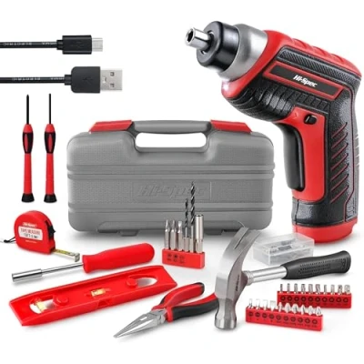 Abbildung von Hi Spec 35 tlg Rotes Heimwerker Werkzeugset mit wiederaufladbarem USB Akkuschrauber, werkzeugkoffer klein, Gefüllt Akkubohrer, Bohrmaschine, Hammer und schraubendreher elektrisch.