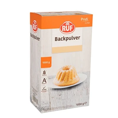 Abbildung von RUF Backpulver, Großpackung, zum Backen von Kuchen, Brötchen und Waffeln, zur Reinigung im Haushalt geeignet, glutenfrei, vegan, Profi Line, 1000g