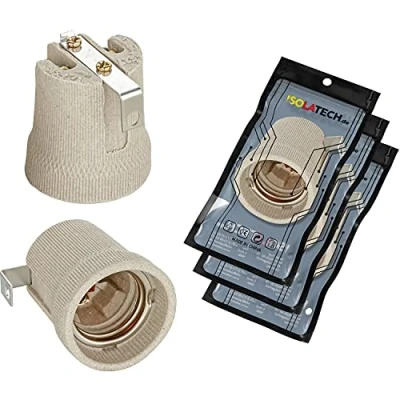 Abbildung von ISOLATECH 3Stk E27 grau Keramik Fassung mit Befestigungswinkel/Innenbügel (max.250V/4A) Leuchtmittel für Home Decke Installation Badezimmer Küche Kühlschrank Halterung Sockel einbauen hitzebeständig