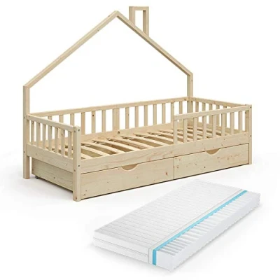 Abbildung von VitaliSpa® Hausbett Noemi, Naturholz, 90x200 cm mit 2 Schubladen und Matratze