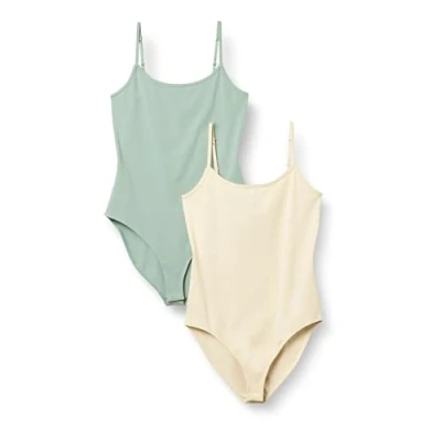 Abbildung von Amazon Essentials Damen Cami Body mit schmaler Passform, 2er Pack, Beige/Helles Salbeigrün, XXL