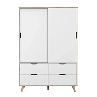 Abbildung von FORTE Schiebetürenschrank &quot;Vankka,Kleiderschrank, Topseller Viel Stauraum, scandinavischer Stil&quot;, (ca.140x200cm), Made in Europe,mit Einlegeböden+Kleiderstange+Schubladen,grifflos