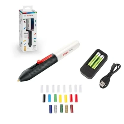 Abbildung von Bosch Home &amp; Garden Heißklebestift &quot;Gluey, pink&quot;, (USB Ladegerät Kabel, 2x1,2 V HR06 (AA) Akkus), inkl. 20 Mini Klebesticks in vielen Farben