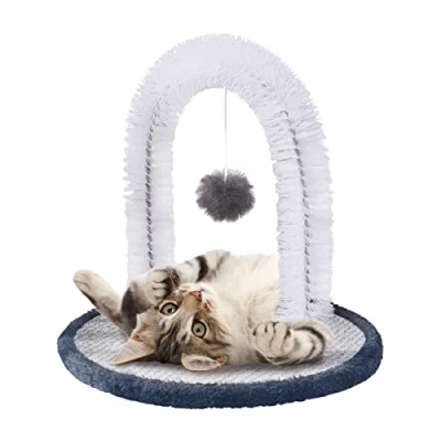 Abbildung von Katzenbogen Selbstpfleger Massagegerät, Katzenhaar Massagebürste mit Kratzpad und Katzen Teasingball, 3 in 1 Katzenspiel Fellpflege, Grau