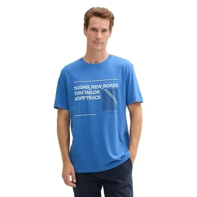Abbildung von TOM TAILOR Herren T Shirt mit Logo Print aus Baumwolle, 10914 Midsummer Blue, XL
