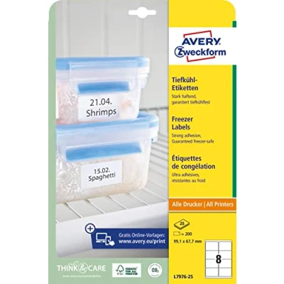 Abbildung von AVERY Zweckform L7976 25 Tiefkühletiketten (200 Aufkleber, 99,1x67,7mm auf A4, selbstklebend, temperaturbeständige und tiefkühlfeste Klebeetiketten für Gefriergut, bedruckbar) Blatt, weiß
