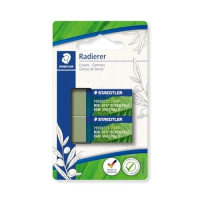 Abbildung von STAEDTLER Radierer, Radiergummi aus bis zu 56% natürlichem und nachwachsendem Anteil, phthalat latexfrei, Schiebemanschette, Größe 43x19x13 mm, 2 olivgrüne Radierer auf Blisterkarte, 526 83BK2