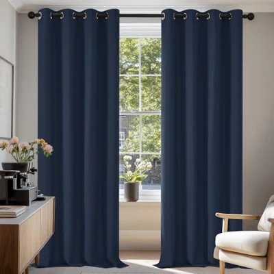 Abbildung von Deconovo Verdunkelungsvorhang Blickdicht Gardinen mit Kälteschutz Wohnzimmer, 114x132cm(HöhexBreite), Dunkelblau, 2er Set