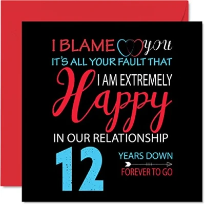 Abbildung von Stuff4 Lustige Karte zum 12. Jahrestag für Ehemann, Frau Your Fault I&#039;m Extremely Happy 12th Wedding Anniversary Card for Partner, 145 mm x Grußkarten zwölfte Jahrestage