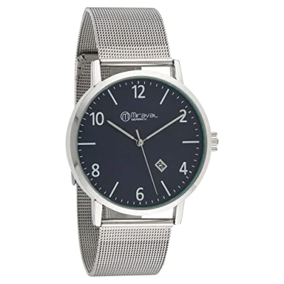 Abbildung von Miraval Quarzuhr Armbanduhr mit Datumsanzeige, Edelstahlarmband 43 mm Quarzuhrwerk Blau 22 breit Mineralglas