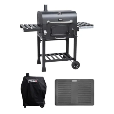 Abbildung von TAINO HERO XL Holzkohlegrill Set Abdeckhaube Grillplatte Smoker Grillwagen BBQ
