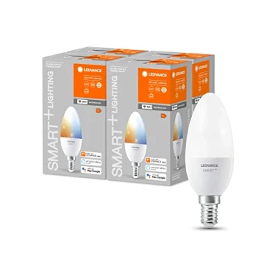 Abbildung von LEDVANCE Smarte LED Lampe mit WiFi Technologie, Sockel E14, Dimmbar, Lichtfarbe änderbar (2700 6500K), ersetzt Glühlampen 40 W, SMART+ Candle Tunable White, 4er Pack