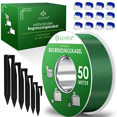 Abbildung von KESSER® Begrenzungskabel 50m + 200 Erdspieße 12 Kabelverbinder für Mähroboter Rasenmäher Rasenroboter Zubehör Set Begrenzungsdraht Universal kompatibel mit Gardena/Bosch/Worx/Honda/ROBOMOW