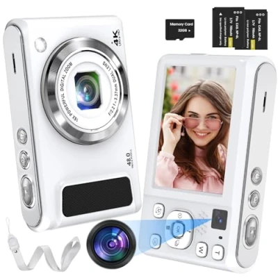 Abbildung von Weiße Digitalkamera, Bofypoo 4K, 48 MP Autofokus Digitalkamera mit 32G Speicherkarte, Doppelkameras vorne und hinten 16 fachem Digitalzoom