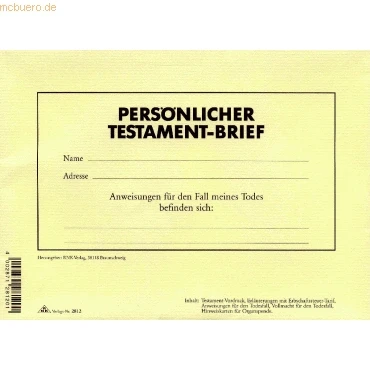 Abbildung von RNKVERLAG 2812 Testament „Mein letzter Wille“ im Briefumschlag mit Schreibbogen, Vollmacht und Anweisungen, 1 Stück