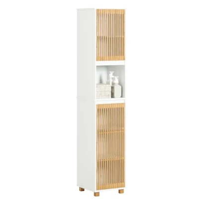 Abbildung von SoBuy BZR127 W Hochschrank Badezimmer Schrank Badschrank schmal Badregal Badezimmerschrank Badezimmermöbel Weiß Natur BHT ca. 33x165x33cm