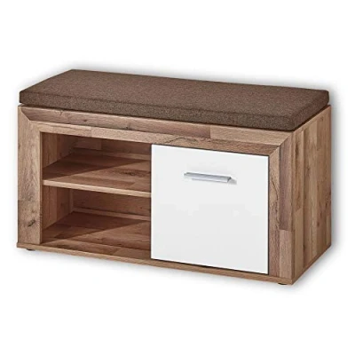 Abbildung von Stella Trading TEXAS Schuhbank mit Sitzfläche in Yaki Oak Optik, Weiß bequeme Sitzbank Stauraum für Ihren Flur 96 x 53 38 cm (B/H/T)