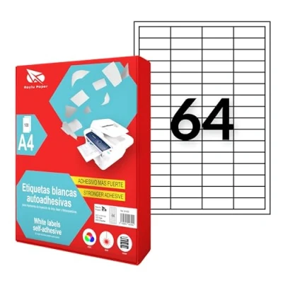 Abbildung von Raylu Paper ® selbstklebende weiße Etiketten zum Drucken, Papieraufkleber auf A4 Bögen für Inkjetdrucker, Laser und Fotokopierer, 64 pro Blatt (48,5 x 16,9 mm)