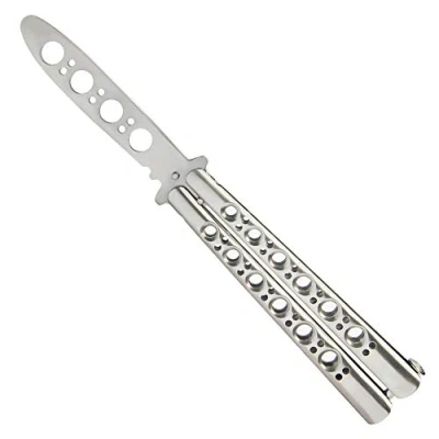 Abbildung von vornnex Butterfly Trainer zum Üben, ungeschärfte Klinge,Balisong komplett Edelstahl, 100% sicheres, stumpfes Trainings, Silberfarben