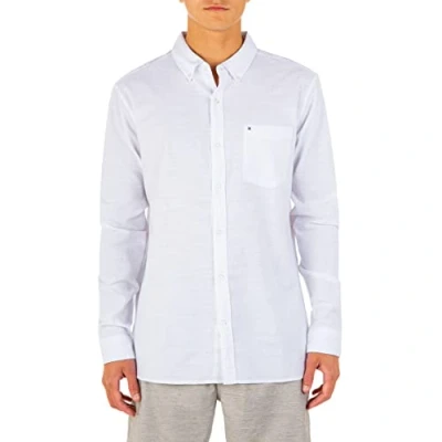 Abbildung von Hurley Herren Textured Long Sleeve Button Up One and Only Logo T Shirt, Photoblue Heather, Größe L, Weiß, Klein