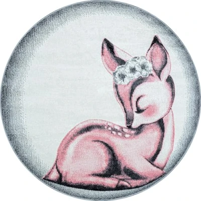 Abbildung von Carpetsale24 Kinderteppich Modern Rehkitz Design Pink und Grau 120 cm Rund Kurzflor Teppich Kinderzimmer Waschbarer Spielteppich Babyteppich für Junge Mädchen Extra Weich Antiallergen Runder