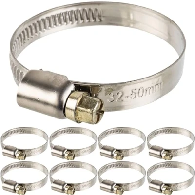 Abbildung von Schlauchschellen mit Schneckenantrieb, 8 Stück, Spannbereich Ø 32 50 mm, für 1 1/2&quot; Schläuche, W2 Stahl, Kreuzschlitz SW 7, 9 mm Bandbreite, zur Fixierung von Waschmaschinen, Spülmaschinen Anschluss