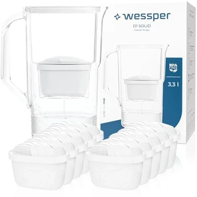 Abbildung von Wessper Wasserfilter Kanne 2,5L Aqua Max Basic, Set Wasserkanne und 10 Filter Kompatibel mit Brita Maxtra, Wasserfiltersystem Reduzierung von Kalk, Chlor Weiß